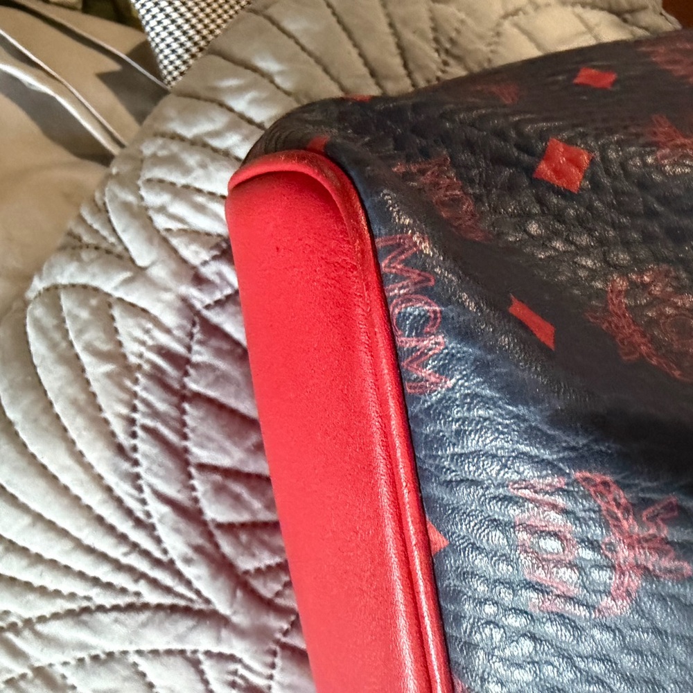 MCM Navy Visetos Canvas Tote with Red Trim and Handles - Picture 9 of 13